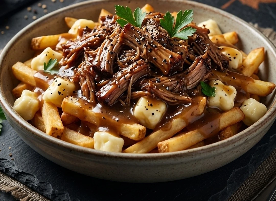 Pork Poutine, fresh-cut fries and cheese curds topped with black pepper pork, at Little Lion Kitchen in London, ON